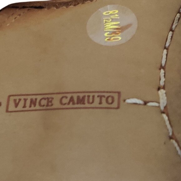 Vince Camuto 8.5 Laser Cut Peep Toe Leather Sandals Tan Block Heel Booties Zip - Picture 8 of 9